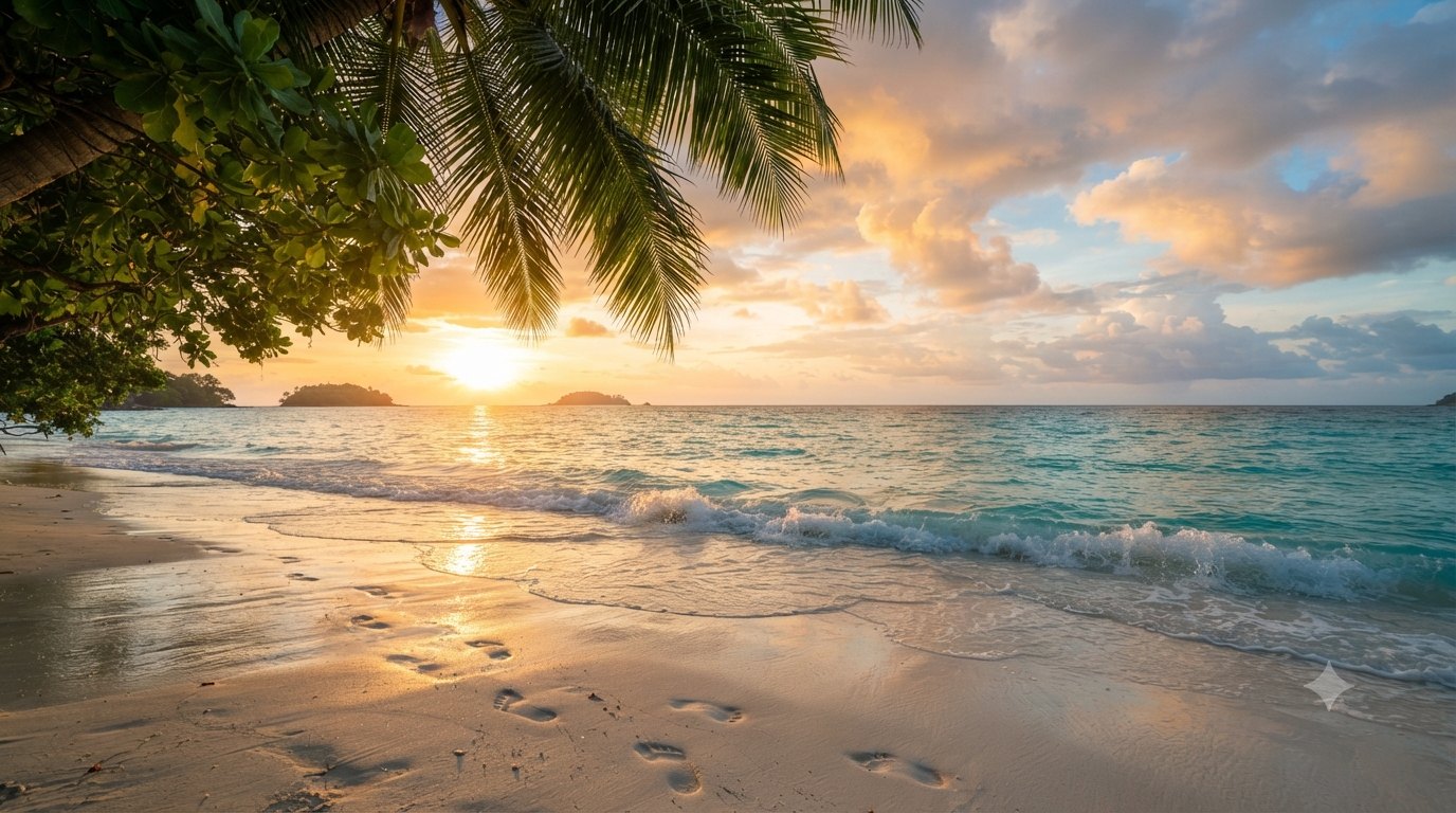 The west beach at golden hour, footprints in the sand, waves rolling in