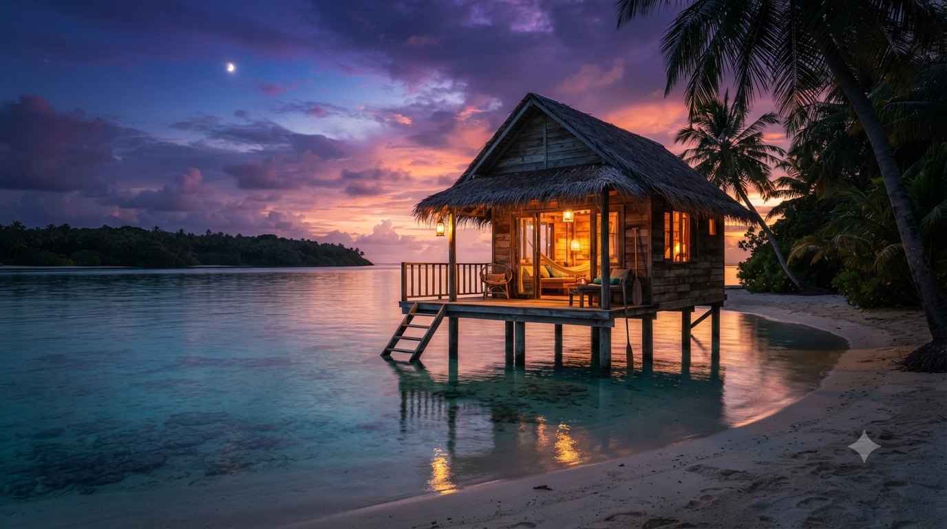 A stilt hut glowing with lantern light on the east beach at dusk