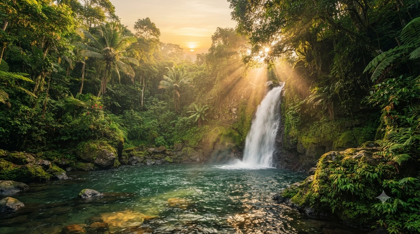 A waterfall pouring into a jungle pool with sunbeams through the canopy